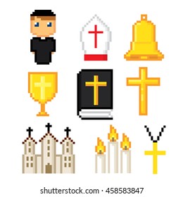 Catholic icons set. Pixel art. Old school computer graphic style. Games elements.