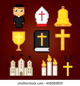 Catholic icons set. Pixel art. Old school computer graphic style. Games elements.