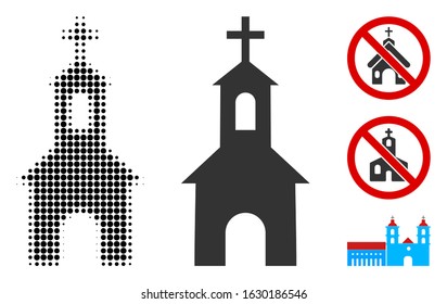 Catholic kirch halftone vector icon and solid version. Illustration style is dotted iconic Catholic kirch icon symbol on a white background. Halftone matrix is round dots. Some bonus icons.