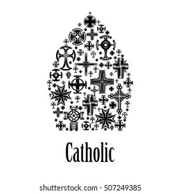 Catholic mitre icon. Christianity cross elements in shape of catholic religion headwear mitra element with decoration of crucifix cross pattern. Label for catholic religious decoration emblem design