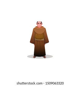 Catholic monk in brown shabby dress and sandals vector illustration