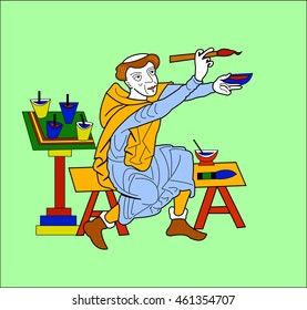 Catholic monk (painter or writer) brush painting red and blue colors sitting on a bench. Figure in the style of medieval Europe. Vector illustration.