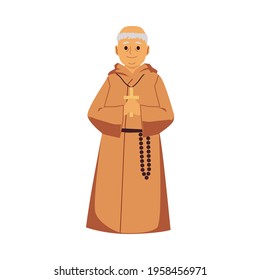 Catholic monk in religious robe holding a cross - cartoon old man in Christian preacher costume with prayer beads, isolated vector illustration.