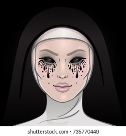 Catholic nun with empty creepy crying eyes with black tears. Halloween character concept. Mystic beautiful girl, gothic evil witch. Mysticism, religion, occultism. Isolated vector illustration.