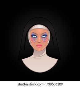 Catholic nun with empty creepy crying eyes. Halloween character concept. Mystic beautiful girl, gothic evil witch. Mysticism, religion, spirituality, occultism. Isolated color vector illustration.