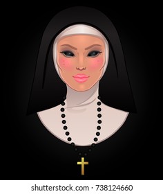 Catholic nun with empty creepy eyes. Halloween character concept. Mystic beautiful girl, gothic evil witch. Mysticism, religion, spirituality, occultism. Isolated color vector illustration over black.