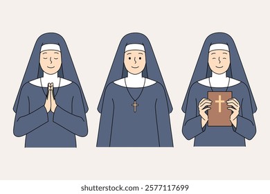 Catholic nun praying and holding bible to read gospel and worship jesus in christian church. Nun in cassock with crucifix on chest smiles and looks at screen preaching orthodox religion