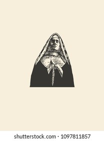 Catholic Nun Praying. Retro Engraving Linocut Style. Vector Illustration