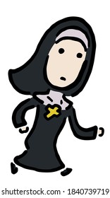 Catholic Nun running : Hand drawn vector illustration like woodblock print