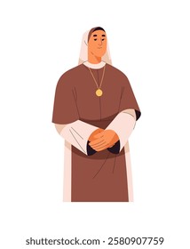 Catholic nun in traditional attire portrait. Happy religious sister of christian religion. Clergy, priest, spiritual woman in catholicism. Flat isolated vector illustration on white background