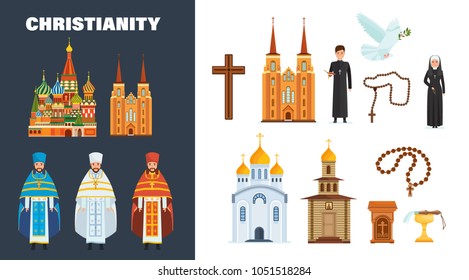 Catholic and orthodox christianity. Beautiful cathedral and church building, chapel. Cross, priest and nuns in vestment - cassock. Belief in God, Christianity, Orthodoxy. Vector illustration isolated.