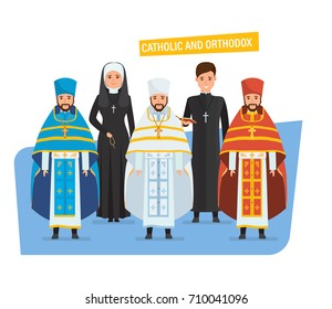 Catholic and orthodox christianity. Religious priests, nuns, in spiritual robes, cassocks. Vestments: for Passover, Mother of God Feasts, Nativity of Christ, Epiphany, Ascension. Vector illustration.