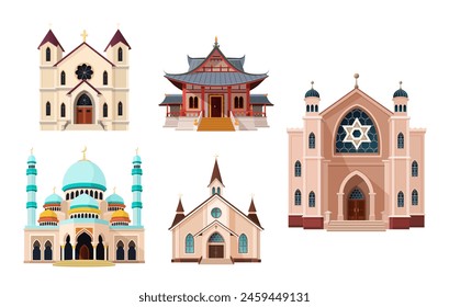 Catholic and Orthodox church, Buddhist temple, Synagogue, mosque buildings. isolated vector illustrations suitable for maps, prints, infographics, greeting cards and posters. Historical facade.