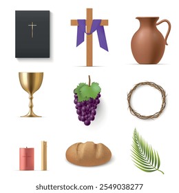 Katholische Palm Sonntag Zubehör religiösen Feiertag Set realistische Vektorgrafik. Katholizismus Spirituelle Religion Heiliger Glaube Bibel Kruzifix Topf Glas Wein Weintraube Kranz Kerze Brot Farn Ast