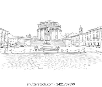 Catholic Parish Church Gran Madre Di Dio. Turin. Italy. Europe. Hand drawn sketch. Vector illustration.