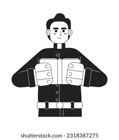 Catholic pastor holding bible monochromatic flat vector character. Young priest. Wedding minister. Editable thin line full body person on white. Simple bw cartoon spot image for web graphic design