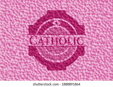 katholisch-rosa Emblem mit Blasenhintergrund. Vektorgrafik. Detaillierte Angaben. 