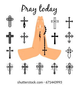 Catholic praying hands holding rosary beads and christian crosses signs. Vector prayer symbols isolated on white background