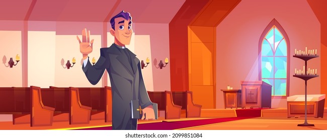 Catholic priest with Bible stand in church interior with altar, wooden benches, tall arch window and candles. Pastor, clergy man in cathedral room for religious praying, Cartoon vector illustration