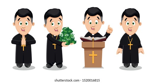 Catholic priest in black cassock with pectoral cross on breast praying to God, keeping pile of money, alms, donations, speaking on rostrum, standing and smiling. Vector set isolated on white.