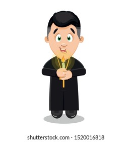 catholic priest in black cassock with pectoral cross on breast holding burning candle in hands, shriving of somebody, reading sermon, preaching, forgiving sins, giving blessing. Cartoon.