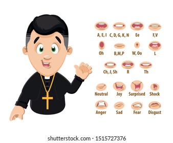 Catholic priest in black cassock shows to set of mouth, teeth positions. Lip sync emotions collection. Can be used for animation. Cartoon vector illustration isolated on white background.