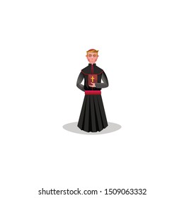 Catholic priest in black long dress vector illustration