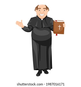 Catholic priest blesses parishioners, Pastor holds bible or gospel. Vector illustration