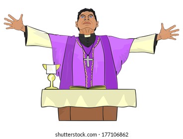 The Catholic priest celebrating Mass at the altar. Vector