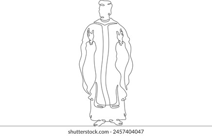 Catholic priest. Christian minister of worship. A full-length male priest in religious vestments. Religion.One continuous line . Line art. Minimal single line.White background. One line drawing. 