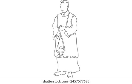 Catholic priest. Christian minister of worship. A full-length male priest in religious vestments. Religion.One continuous line . Line art. Minimal single line.White background. One line drawing. 