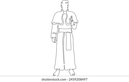 Catholic priest. Christian minister of worship. A full-length male priest in religious vestments. Religion.One continuous line . Line art. Minimal single line.White background. One line drawing. 