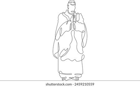 Catholic priest. Christian minister of worship. A full-length male priest in religious vestments. Religion.One continuous line . Line art. Minimal single line.White background. One line drawing. 