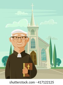 Catholic priest and church. Vector flat cartoon illustration