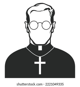 Catholic Priest With Crucifix, Icon Of Christian Pastor In Specs, Vector