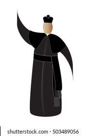 Catholic priest dressed in traditional black cassock with a biretta hat, and fascia belt