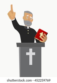 A Catholic priest gave a sermon in a church in worship. Vector illustration on white background isolated.