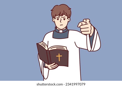 Catholic priest holding bible and reading sermons for guests of church, dressed in white priest robe. Catholic clergyman is dissatisfied with behavior of parishioners and exposes believers to anathema