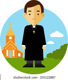 Catholic priest man in cassock on church background in flat style