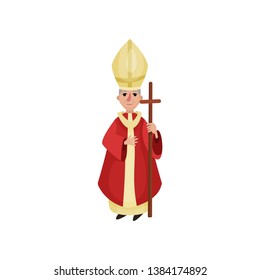 Catholic priest mascot character dressed in red and gold clothes vector cartoon illustration