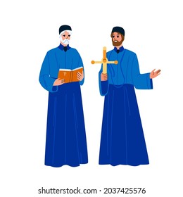 Catholic Priest Men With Praying Cross Vector. Catholic Priest Holding And Reading Bible Religion Book During Mass On Altar. Characters Catholicism Religious Pastors Flat Cartoon Illustration