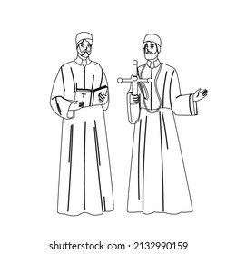 Catholic Priest Men With Praying Cross Black Line Pencil Drawing Vector. Catholic Priest Holding And Reading Bible Religion Book During Mass On Altar. Characters Catholicism Religious Pastors