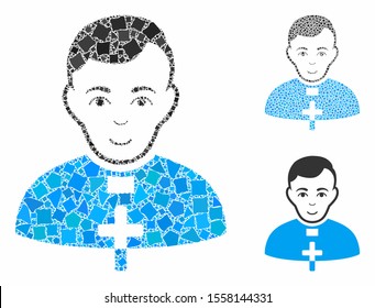 Catholic priest mosaic of ragged elements in different sizes and shades, based on catholic priest icon. Vector ragged items are composed into collage.