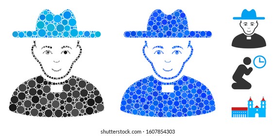 Catholic priest mosaic of small circles in different sizes and color tints, based on catholic priest icon. Vector random circles are united into blue mosaic.