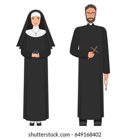 Catholic priest and nun. Flat cartoon vector illustration.