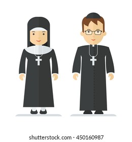 Catholic priest and nun. Objects isolated on white background. Flat cartoon vector illustration.