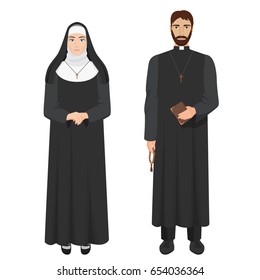 Catholic priest and nun. Realistic vector illustration.