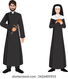 Catholic priest and nun vector illustration isolated on white. Priest holding cross rood and nun holding a bible. Full length portrait.