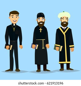 Catholic priest, Orthodox priest and a Muslim Imam. Vector illustration in a flat style.