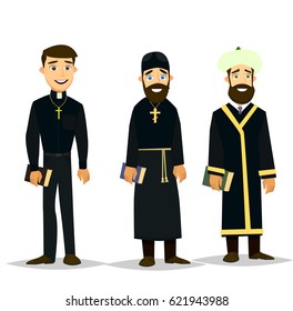 Catholic priest, Orthodox priest and a Muslim Imam. Vector illustration in a flat style.